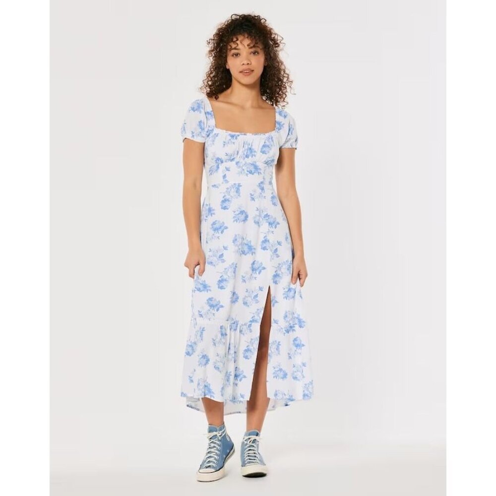 Hollister‎ floral White Blue Midi Sundress small